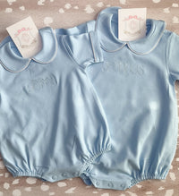 Blue short sleeve collared bubble romper for baby boys, ready for monogramming