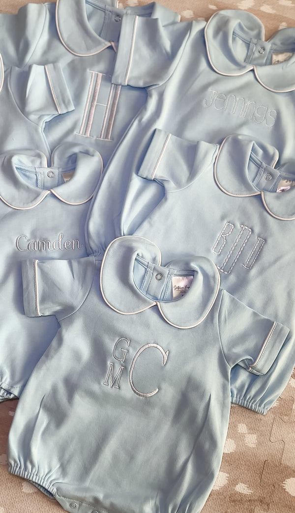Blue short sleeve collared bubble romper for baby boys, ready for monogramming