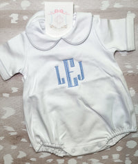White short sleeve collared bubble romper for baby boys, ready for monogramming