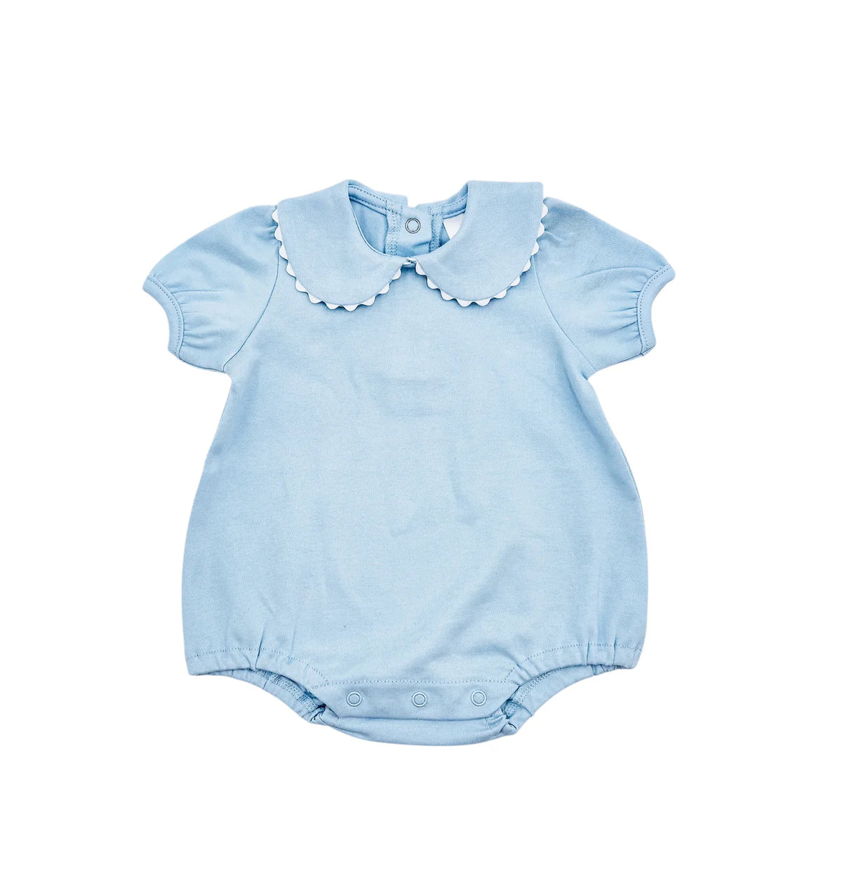 Light blue baby romper with A ric rac collar on a white background