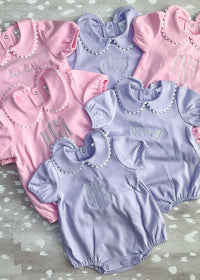 Lavender short sleeve scalloped collared bubble romper for baby, ready for monogramming