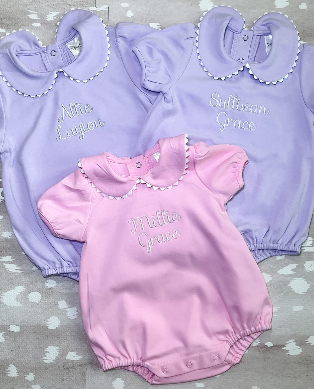 Lavender short sleeve scalloped collared bubble romper for baby, ready for monogramming