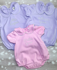 Lavender short sleeve scalloped collared bubble romper for baby, ready for monogramming