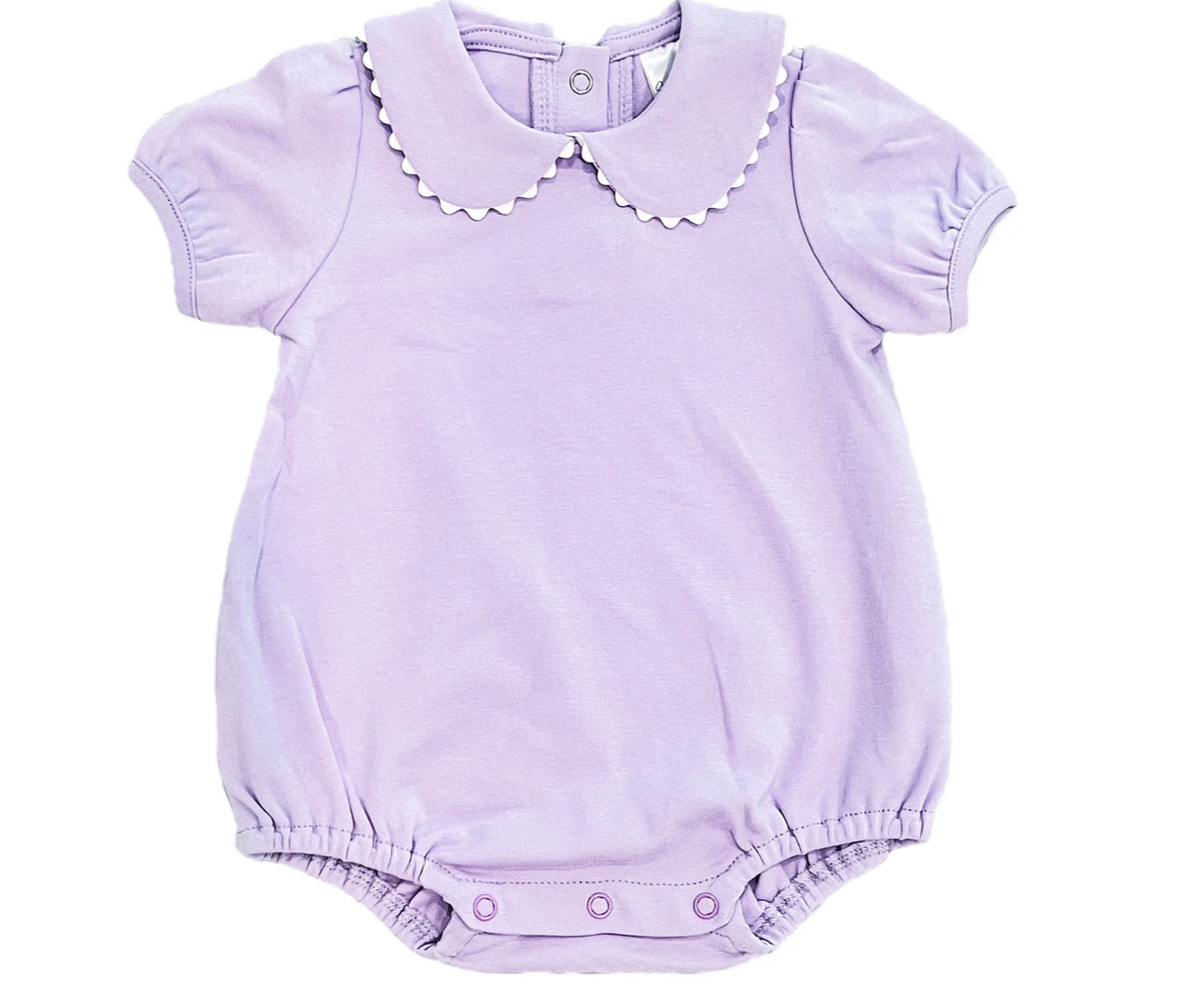 Lavender short sleeve scalloped collared bubble romper for baby, ready for monogramming