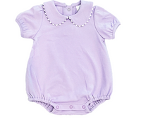 Lavender short sleeve scalloped collared bubble romper for baby, ready for monogramming