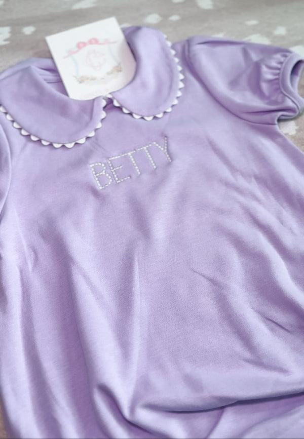 Lavender short sleeve scalloped collared bubble romper for baby, ready for monogramming