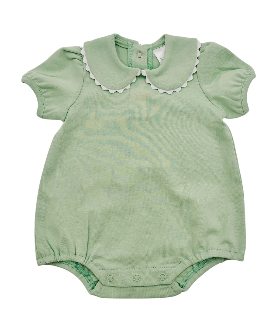 Light green short sleeve scalloped collared bubble romper for baby, ready for monogramming