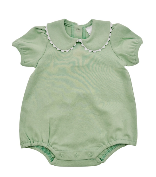 Light green short sleeve scalloped collared bubble romper for baby, ready for monogramming