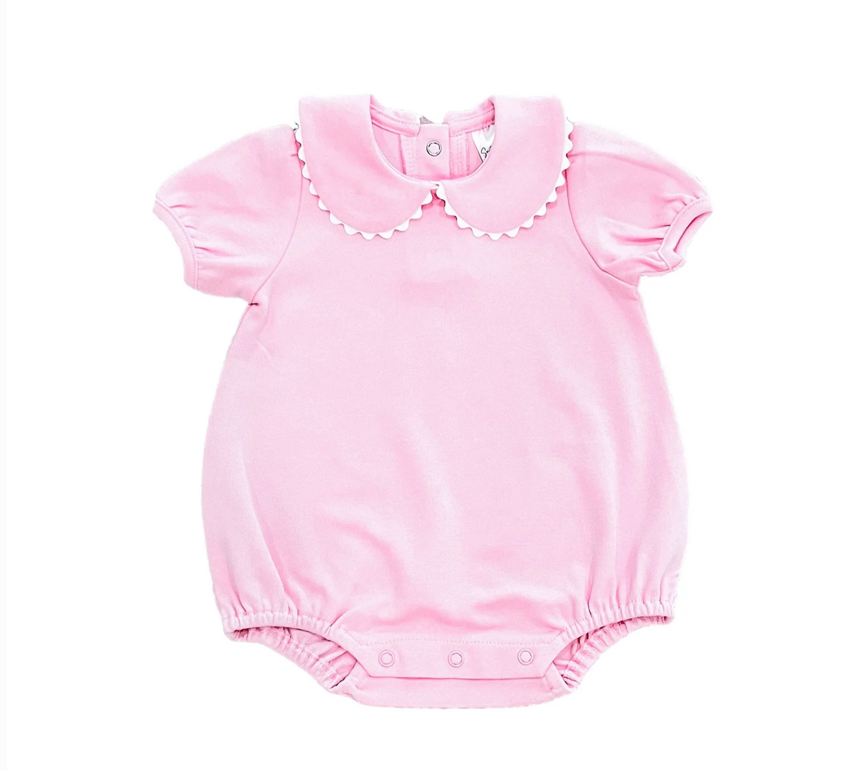 Pink short sleeve scalloped collared bubble romper for baby, ready for monogramming