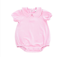 Pink short sleeve scalloped collared bubble romper for baby, ready for monogramming