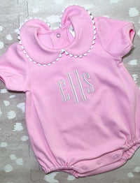 Pink short sleeve scalloped collared bubble romper for baby, ready for monogramming