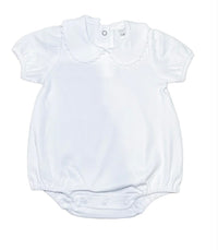 White short sleeve scalloped collared bubble romper for baby, ready for monogramming