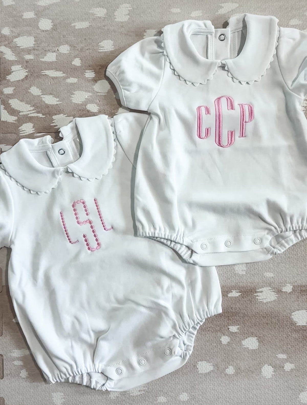 White short sleeve scalloped collared bubble romper for baby, ready for monogramming