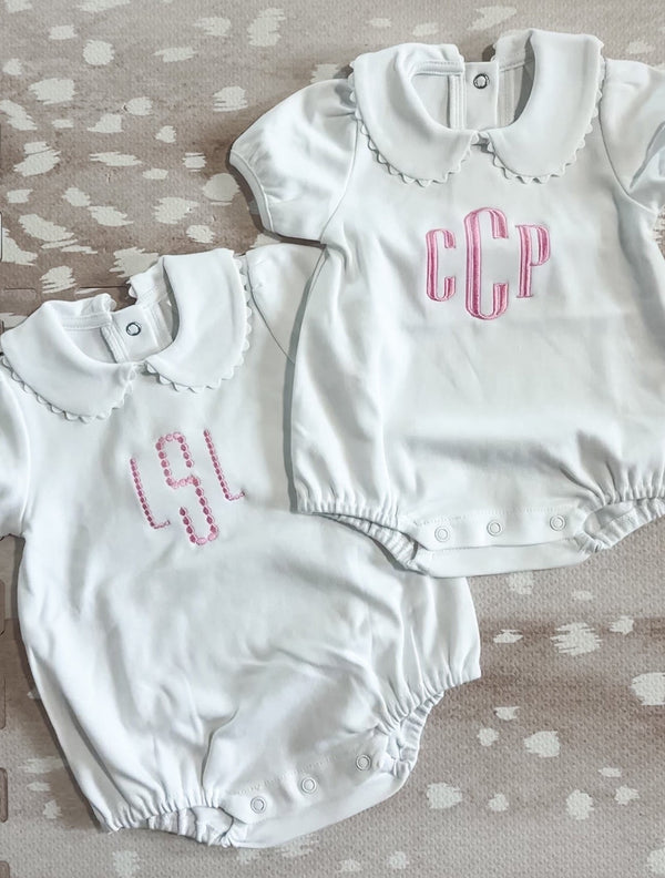 White short sleeve scalloped collared bubble romper for baby, ready for monogramming