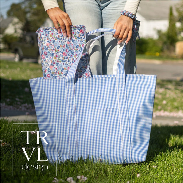 Sky blue gingham TRVL jumbo tote bag