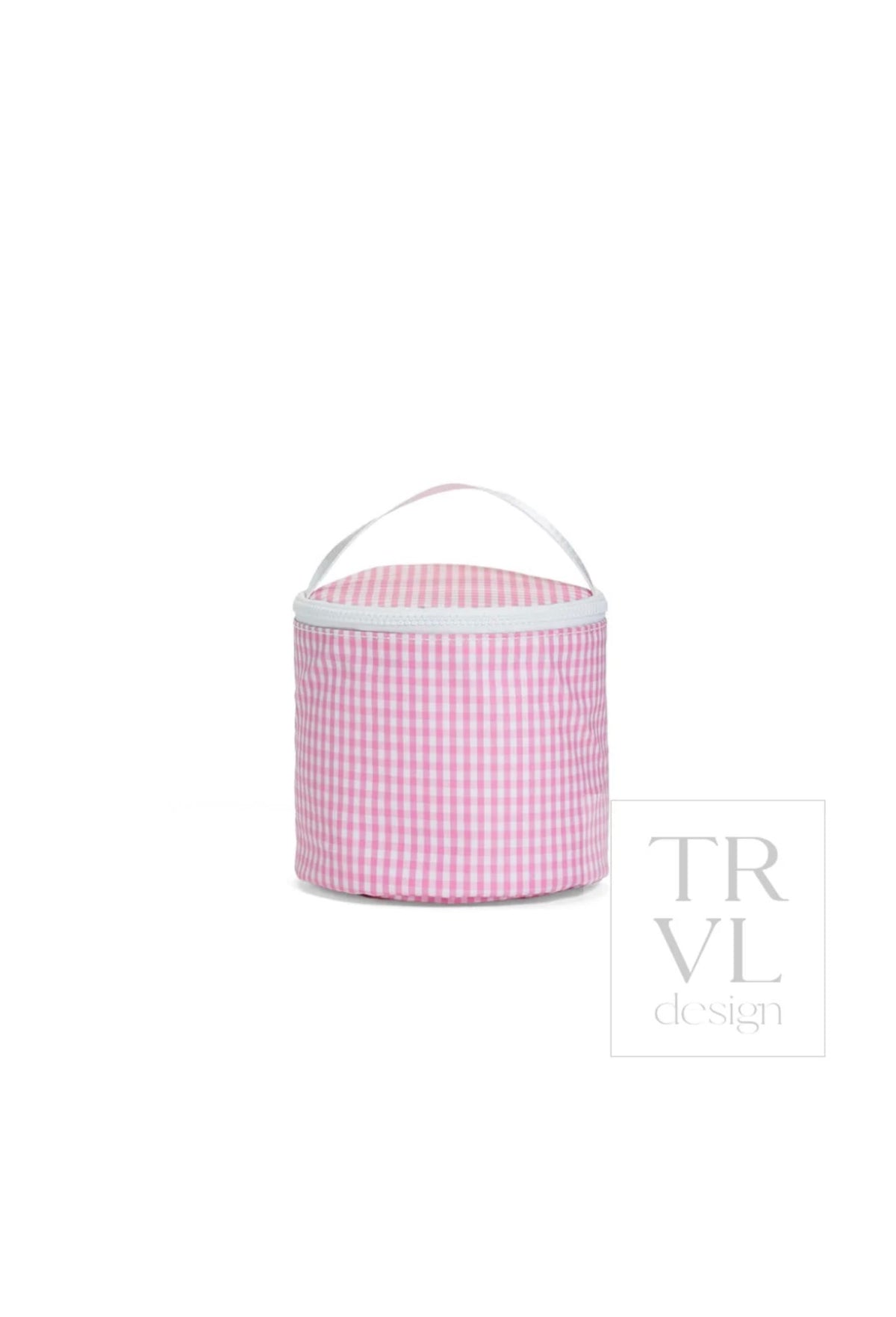 Round pink and white gingham TRVL snack bag with white zip-top handle