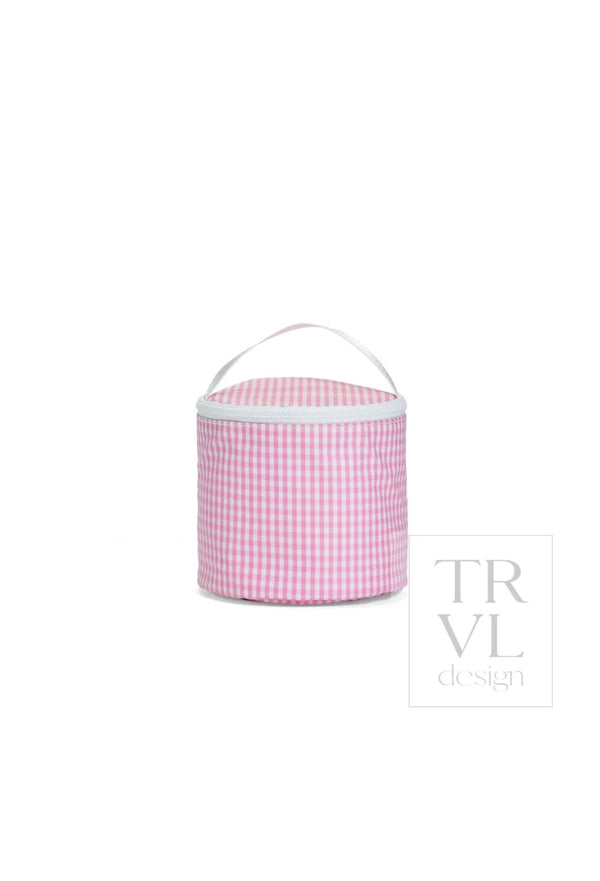 Round pink and white gingham TRVL snack bag with white zip-top handle