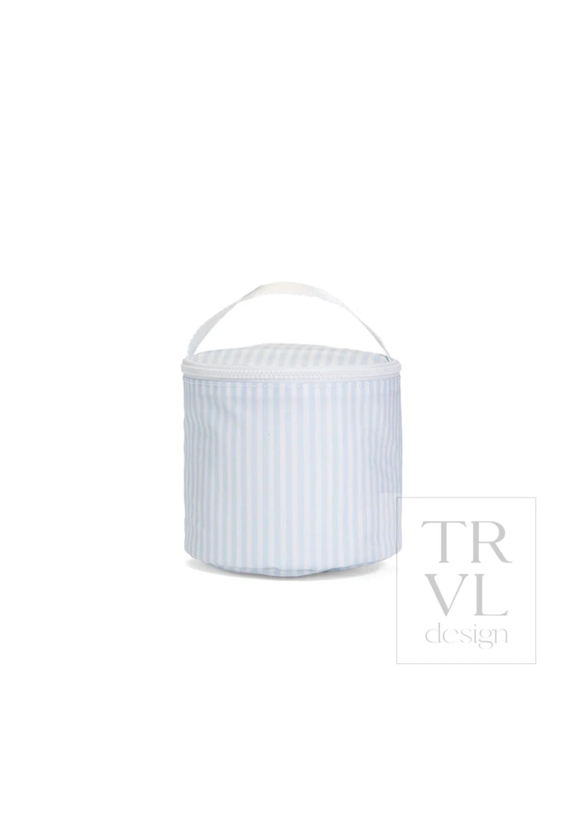 Round light blue and white striped TRVL snack bag with white zip-top handle