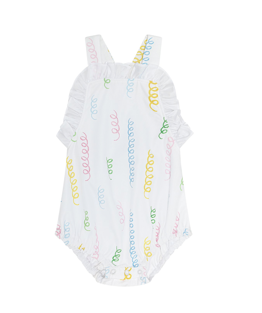 Pink spiral print summer bubble romper for baby
