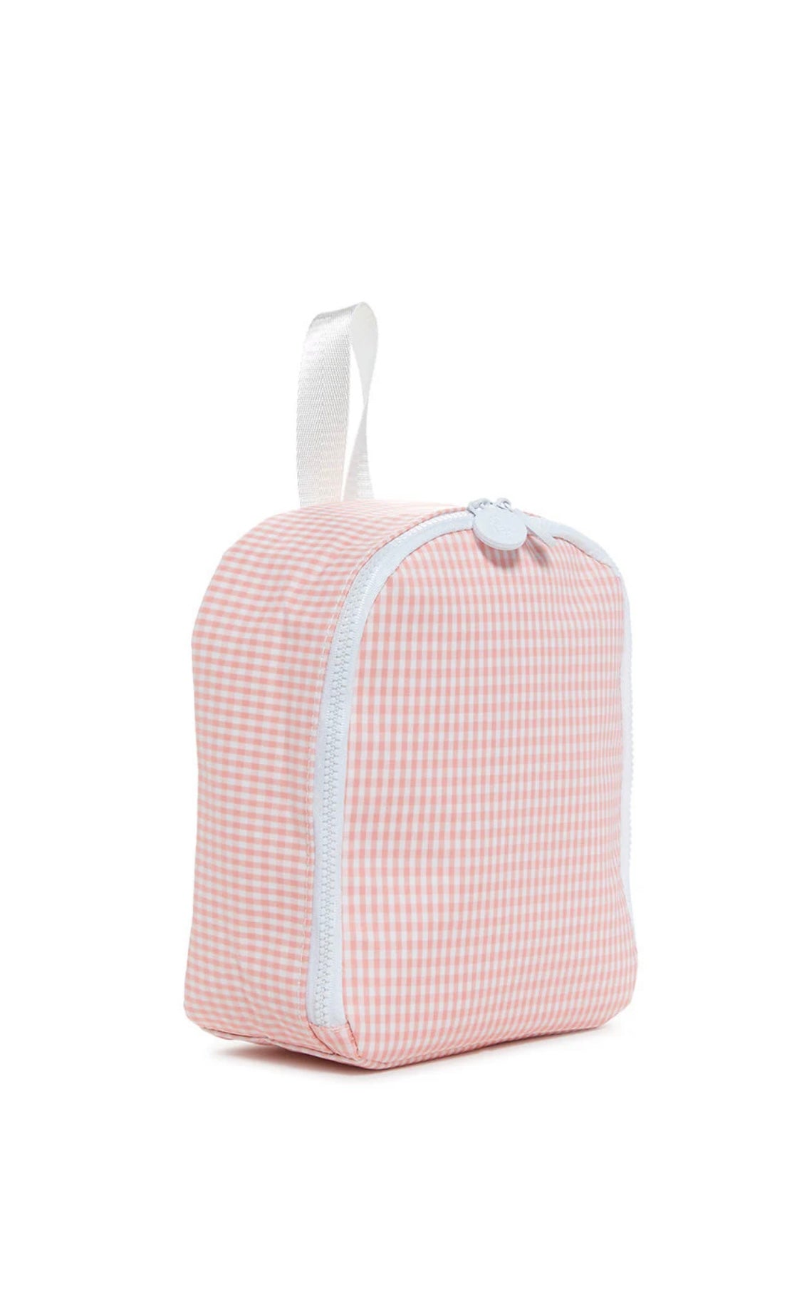 Pink gingham lunch bag with white zipper on a white background