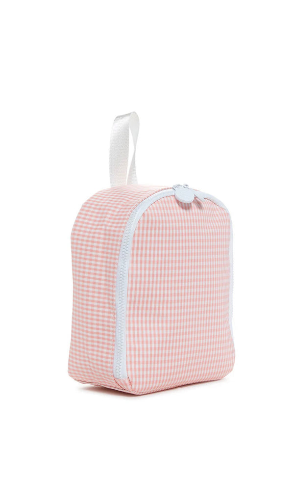 Pink gingham lunch bag with white zipper on a white background
