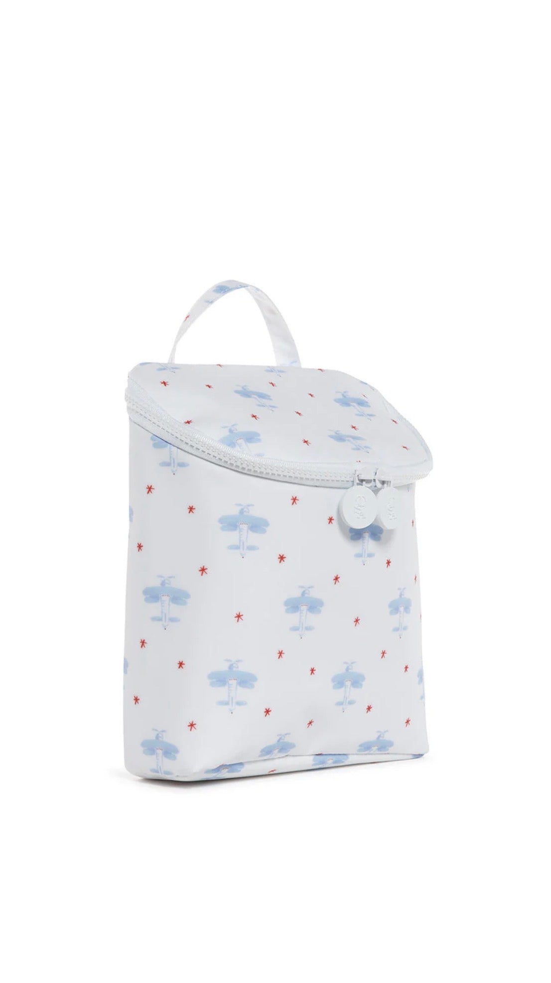 White pouch with blue airplane pattern on a white background