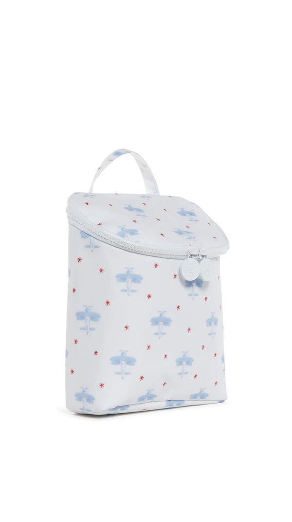 White pouch with blue airplane pattern on a white background