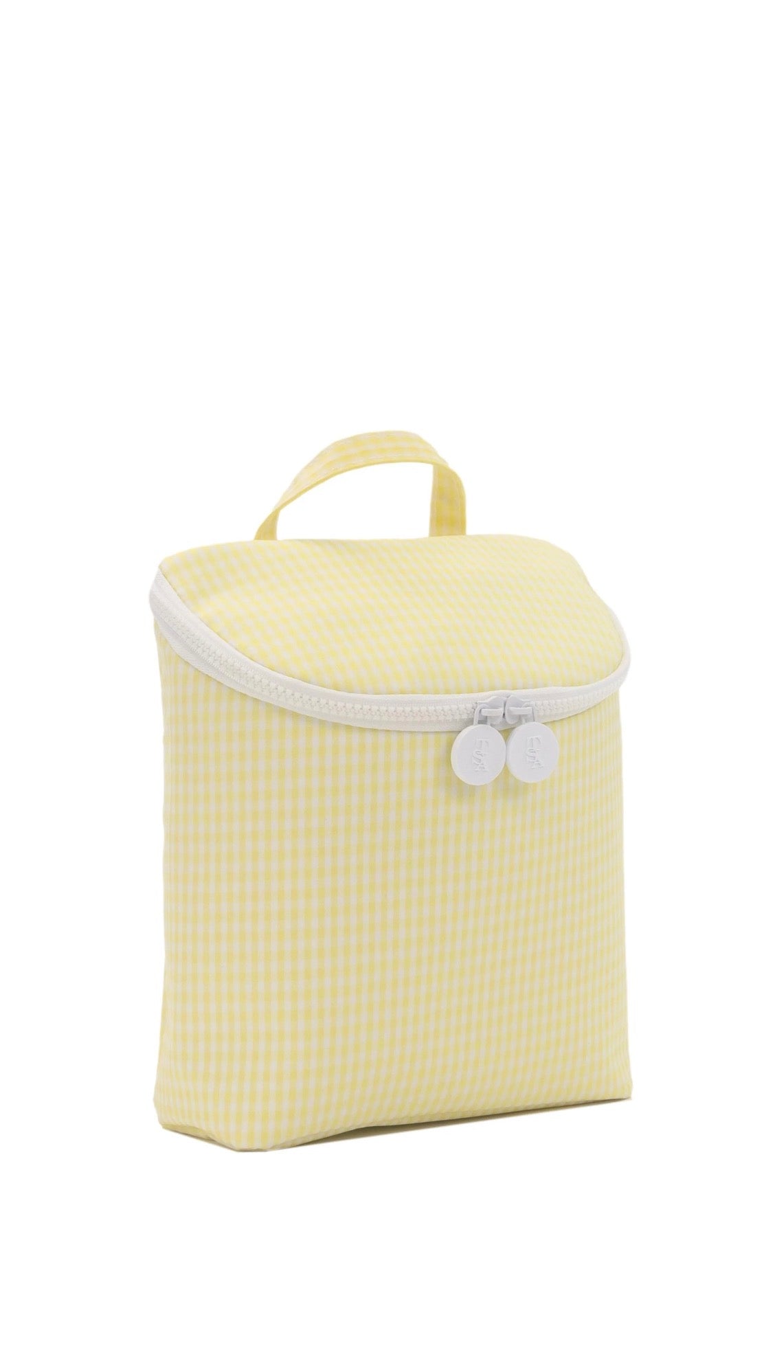 Yellow checkered cooler bag with a white zipper on a white background