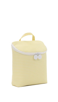 Yellow checkered cooler bag with a white zipper on a white background