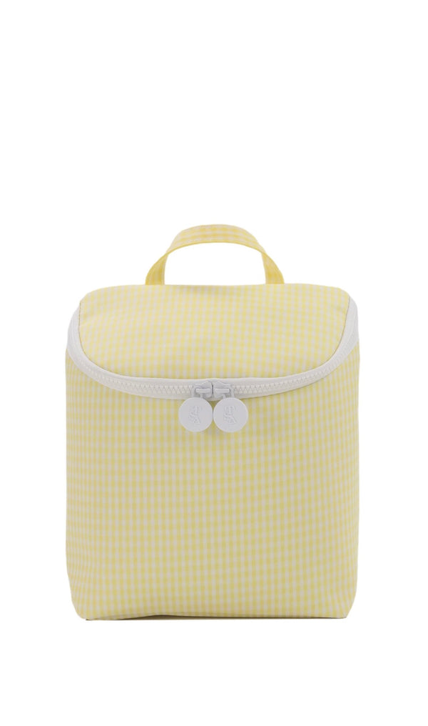 Yellow checkered bag with a white zipper on a white background