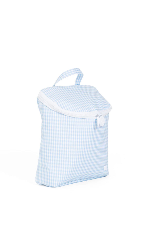 Blue checkered bag basket with a white handle on a white background