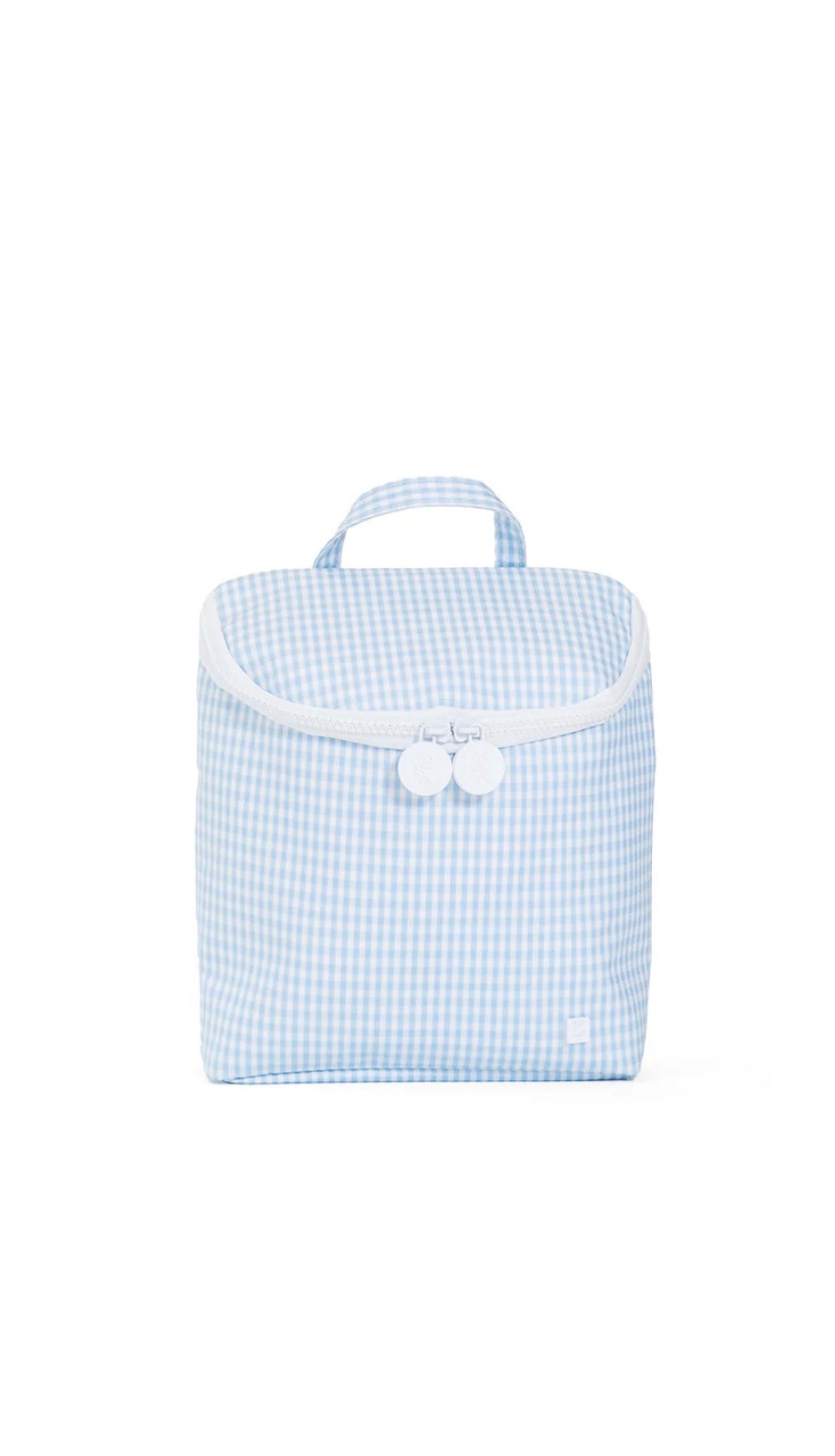 Light blue checkered bag with white trim on a white background