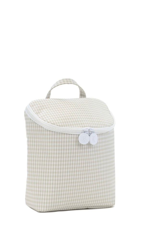 White pearl grey lunch bag with a strap on a white background