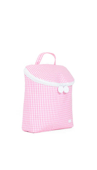 Pink gingham-patterned bag with white accents on a white background