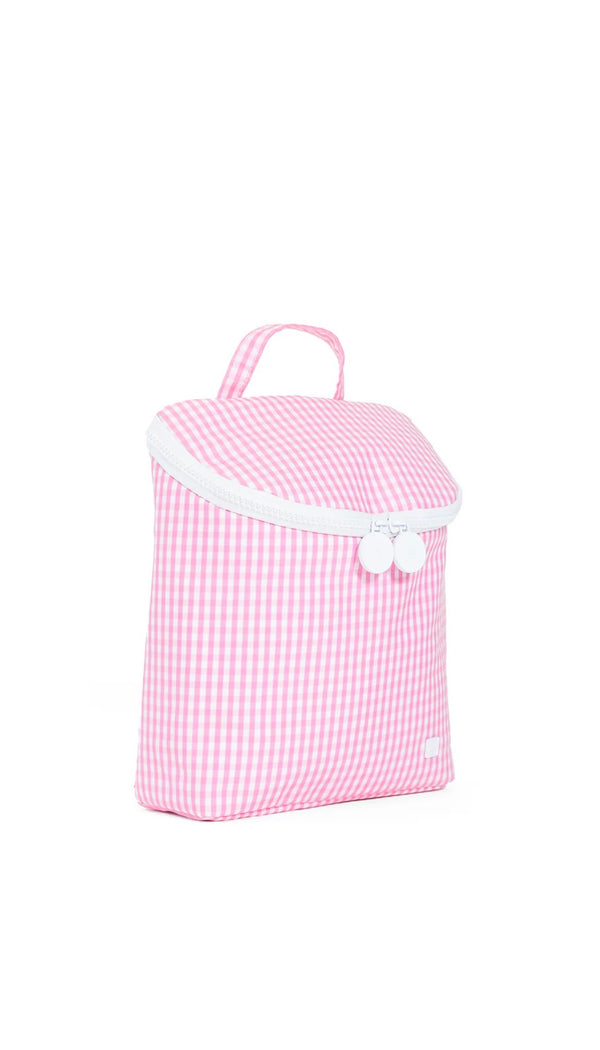 Pink gingham-patterned bag with white accents on a white background