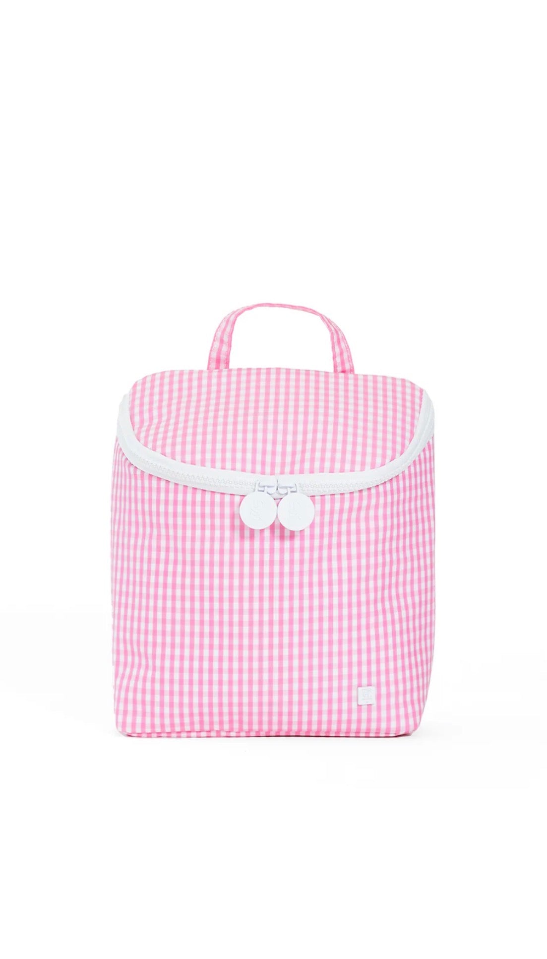 Pink gingham lunch bag with white accents on a white background