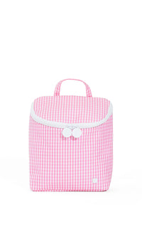 Pink gingham lunch bag with white accents on a white background
