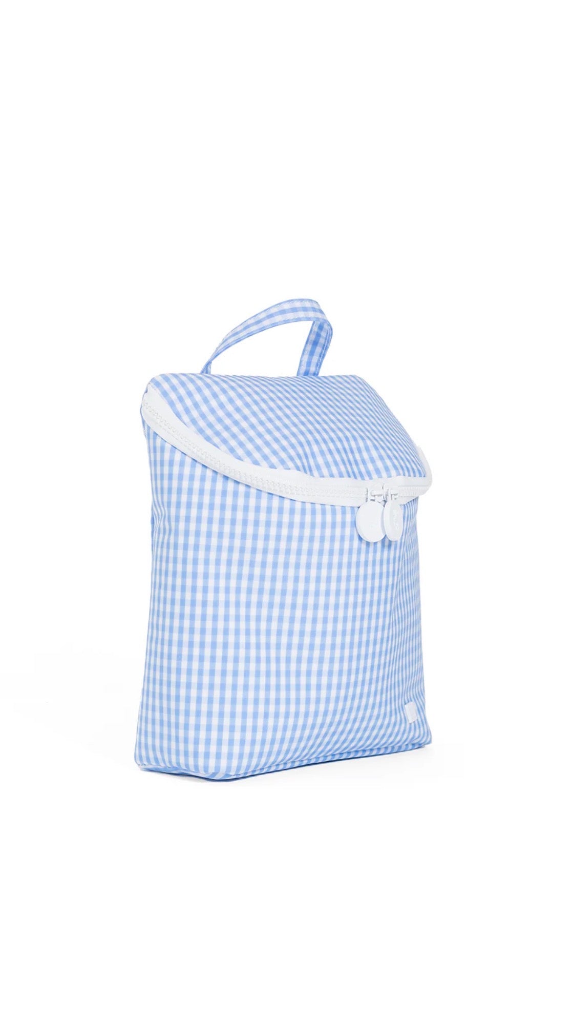 Blue checkered bag with white trim on a white background