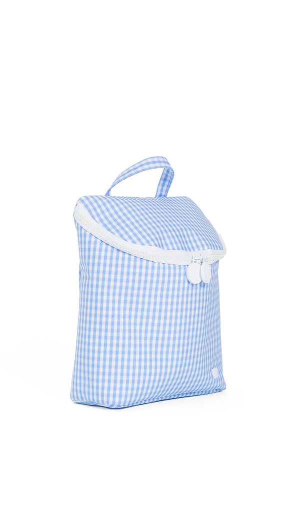 Blue checkered bag with white trim on a white background