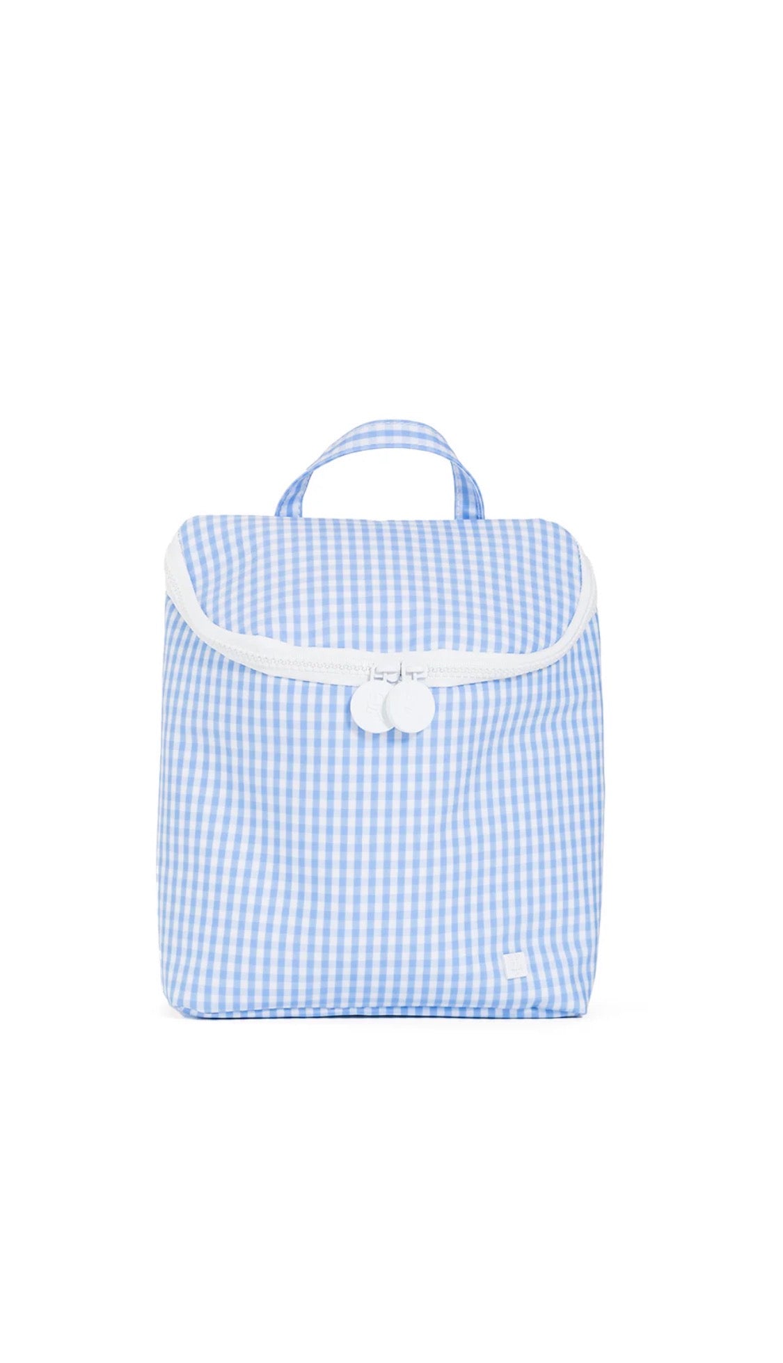 Blue checkered lunch bag with white accents on a white background