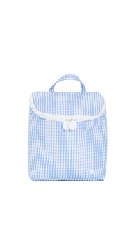 Blue checkered lunch bag with white accents on a white background