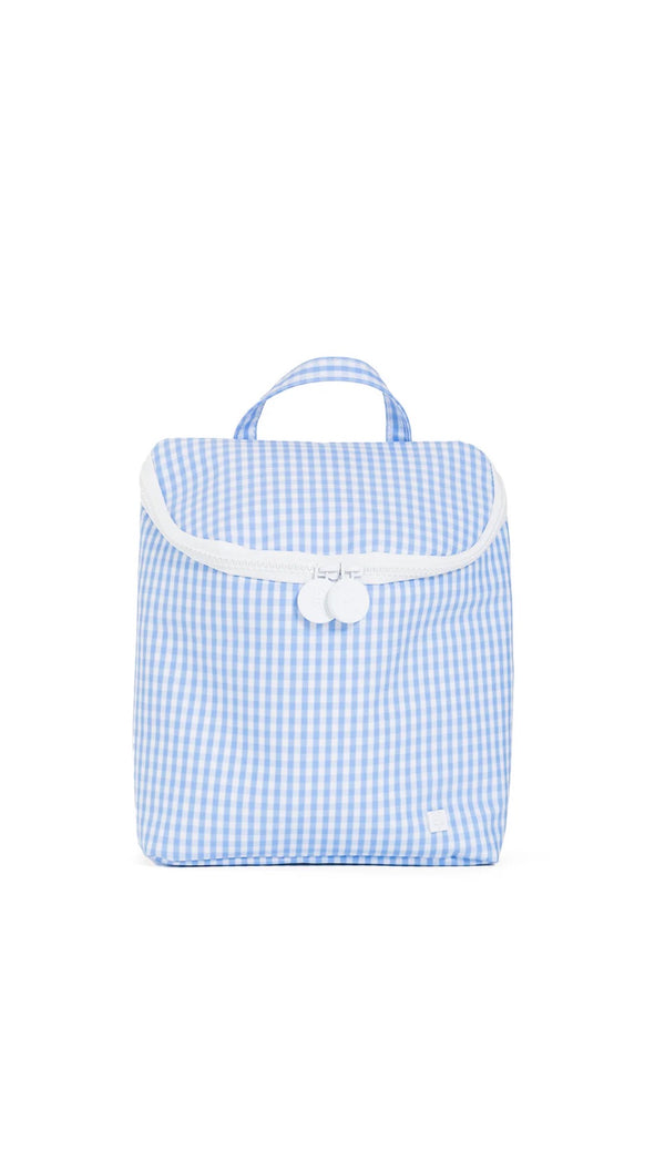 Blue checkered lunch bag with white accents on a white background
