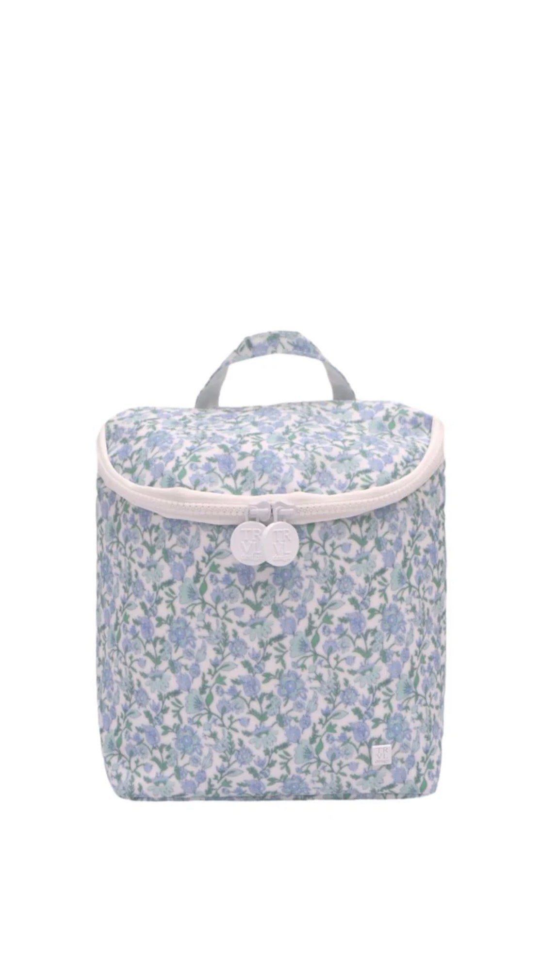 Floral-patterned lunch bag with a white background