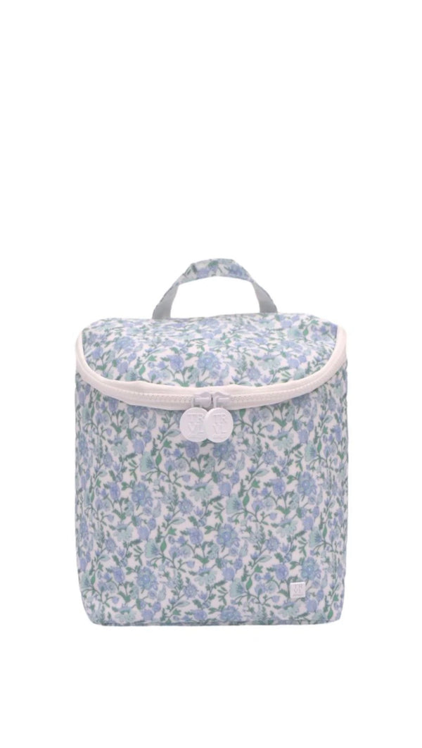 Floral-patterned lunch bag with a white background