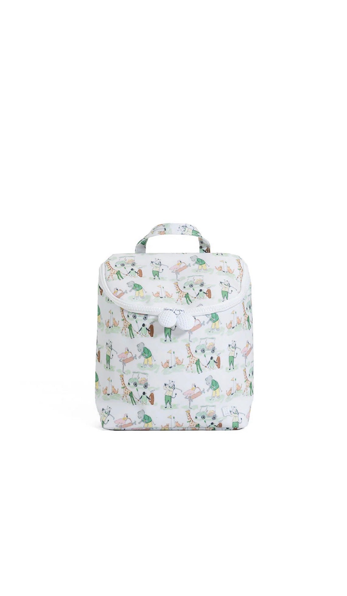 Lunch bag with animal and golf pattern on a white background