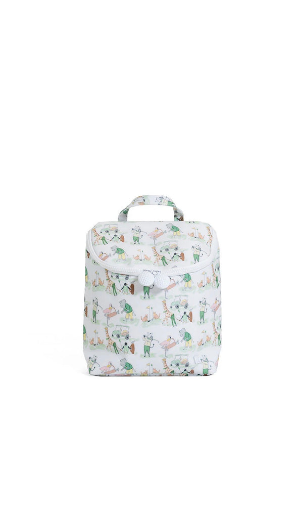 Lunch bag with animal and golf pattern on a white background