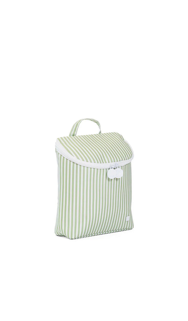 Green and white striped bag with a white strap on a white background