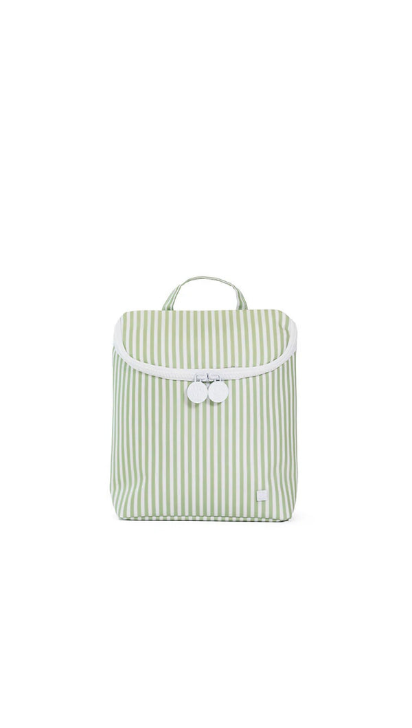 Green and white striped bag with white handles on a white background