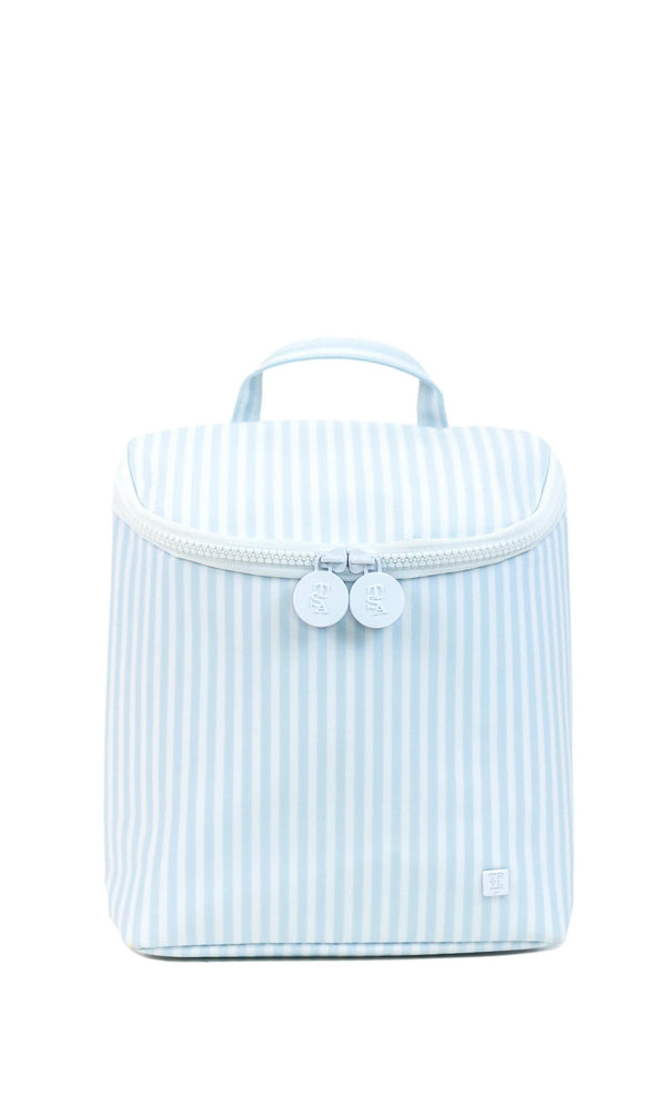 Blue striped bottle bag with white zipper on a white background