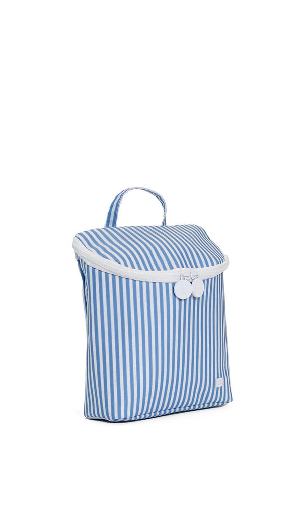 Blue and white striped bag with a handle on a white background